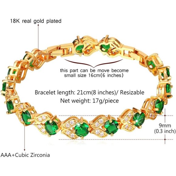 Elegant 18K Gold Plated Cubic Zirconia Chain Bracelet - Resizable, Colorful, Per - Picture 5 of 8